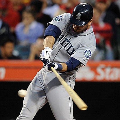 John Jaso collects three of the Mariners' 10 hits in their win over the Angels.  (US Presswire)