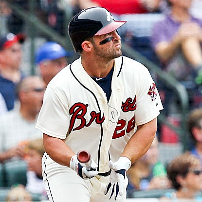 Dan Uggla's three-run homer in the third inning provides all the runs the Braves would need to defeat the Blue Jays.  (US Presswire)