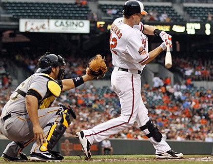 Matt Wieters connects for four hits, including this double in the third, and provides five RBI for the Orioles. (AP)