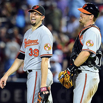 The Orioles' Jason Hammel allows just a single to the Braves' Jason Heyward en route to his first career shutout.  (US Presswire)