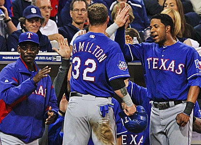 Manager Ron Washington and teammates alike are happy to see Josh Hamilton back in action and being productive. (AP)