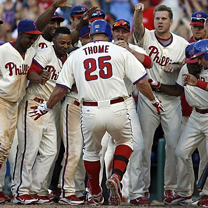 The Phillies' Jim Thome was 0 for 12 as a pinch-hitter before his game-winning home run to beat the Rays.   (AP)