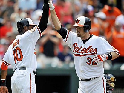 Matt Wieters celebrates with Adam Jones after hitting a two-run shot in the eighth inning against the Nationals. (US Presswire)