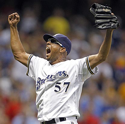 Francisco Rodriguez exults after converting his first save opportunity since being handed the closer's role in Milwaukee.  (AP)