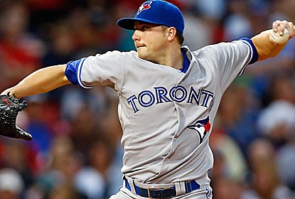 Blue Jays lefty Aaron Laffey pitches seven shutout innings, scattering eight singles while walking nobody.  (Getty Images)