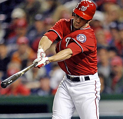 Bryce Harper comes up with a pinch-hit single in the eighth to help the Nats win Game 2 of a doubleheader vs. the Braves.  (US Presswire)
