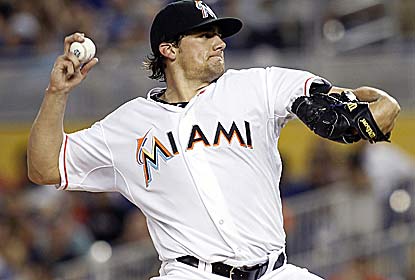 Nathan Eovaldi, acquired in the Hanley Ramirez trade on Wednesday, allows one run over 5 1/3 innings with five K's for Miami. (AP)