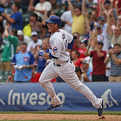 Cubs rookie first basemen Anthony Rizzo delivers a two-run homer in the 10th inning that beats the Cardinals at Wrigley Field.  (Getty Images)