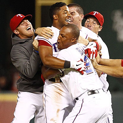 Elvis Andrus caps the Rangers' comeback with a game-ending two-run single in the 10th inning to beat the Angels. (US Presswire)