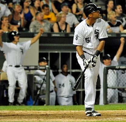 Alex Rios belts his second home run of the night, and this one gives the White Sox their third straight win.  (Getty Images)