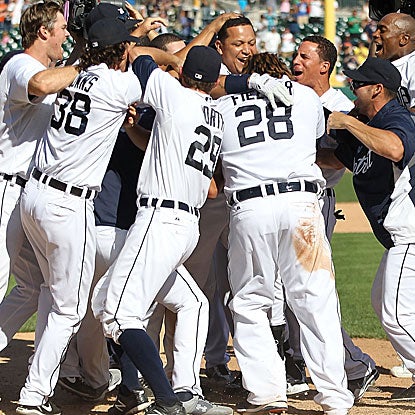 Trailing by three runs in the bottom of the 10th inning, the Tigers rally for five two-out runs to defeat the Indians.  (Getty Images)
