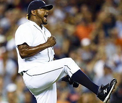 It was an eventful ninth inning, but Jose Valverde celebrates his 22nd save of the season. (US Presswire)