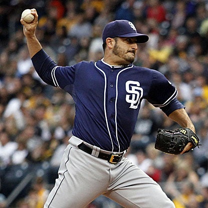 The Padres' Jason Marquis no-hits the Pirates through six innings and allows just two hits overall to earn the shutout. (Getty Images)
