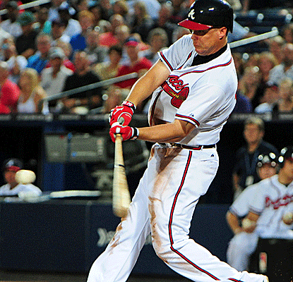 Chipper Jones continues to perform at a level belying his age, hitting two homers vs. the Padres.  (Getty Images)