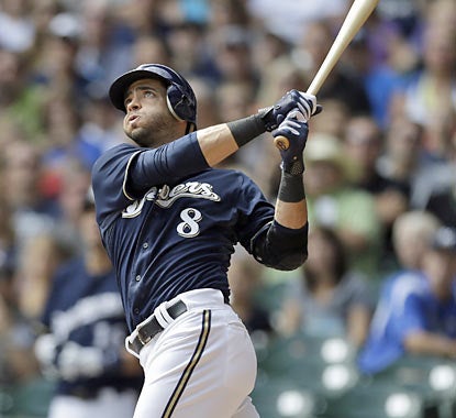 The Brewers' Ryan Braun hits his MLB-leading 37th home run of the season during the first inning. (AP)