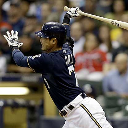 Norichika Aoki's two-run double in the seventh inning keys a four-run frame, helping the Brewers get past the Braves. (Getty Images)