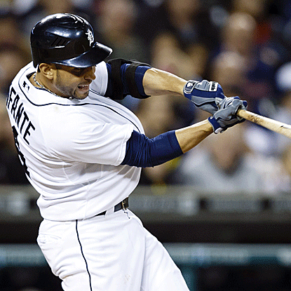 Omar Infante puts the Tigers on the board for the first time in the third inning with a two-run double. (US Presswire)