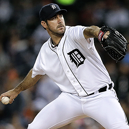 The Tigers' Justin Verlander allows two runs and strikes out eight in eight innings of work to defeat the Royals. (Getty Images)