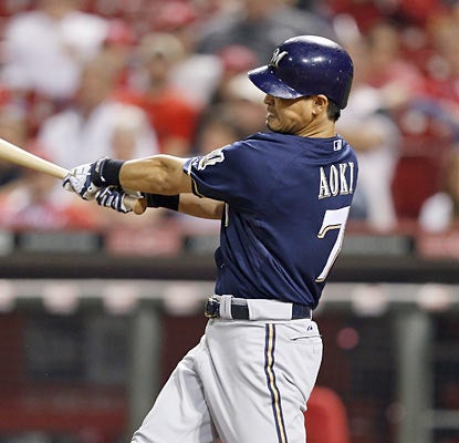 Norichika Aoki stays productive at the plate with a solo shot in the third inning. He finishes with three hits and two RBI. (Getty Images)