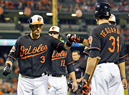 Baltimore's Ryan Flaherty (left) fist-bumps teammate Taylor Teagarden after hitting a grand slam in the first inning. (AP)