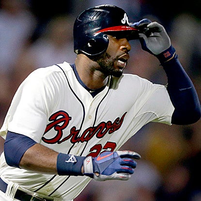 Jason Heyward knocks in what would be the game's winning run for the Braves with a first-inning RBI ground out.  (AP)