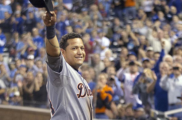 Miguel Cabrera goes 0 for 2 and leaves early, but still earns an ovation from Royals fans. (AP)
