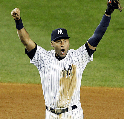Derek Jeter strikes a familiar pose as he celebrates the Yankees' Game 5 win over the Orioles.  (US Presswire)