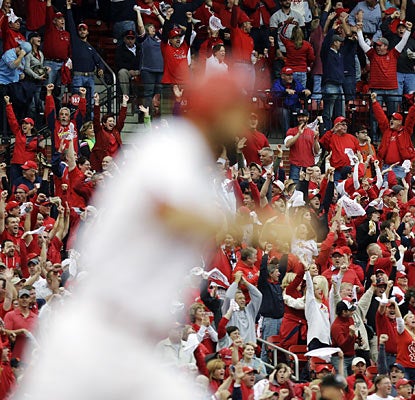 Matt Carpenter (foreground) fills in for the injured Carlos Beltran and comes up with a go-ahead, two-run jack in the third. (AP)