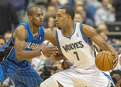 Derrick Williams, guarded here by Arron Afflalo, is one of five Timberwolves to score in double figures.  (US Presswire)