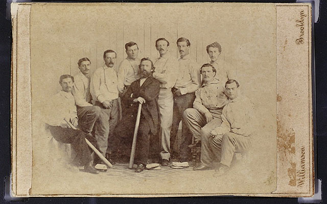 This 1865 card depicting the amateur Brooklyn Atlantics club will be auctioned off. (AP)