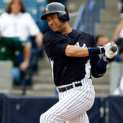 Derek Jeter serves as the Yankees' designated hitter and singles to left field on the first pitch he sees this spring. (Getty Images)