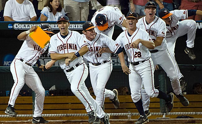 Virginia celebrates a program first -- a victory in a College World Series game. (USATSI)