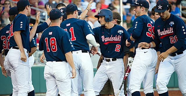 Tyler Campbell (2) and the Commodores celebrate early and often during the third inning. (USATSI)