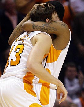 Tennessee's Skylar McBee and Bobby Maze bask in the glory of defeating the nation's No. 1 team. (US Presswire)