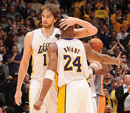 After an unexpected extra 15 minutes of play, Pau Gasol and Kobe Bryant combine for 71 points and 25 rebounds.  (Getty Images)