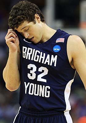 Held scoreless in overtime, BYU senior Jimmer Fredette reacts late in the Cougars' loss to Florida. (Getty Images)