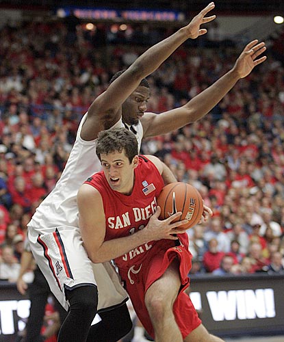 San Diego State's James Rahon, who winds up with 13 points, drives against Arizona's Solomon Hill during the second half.  (AP)