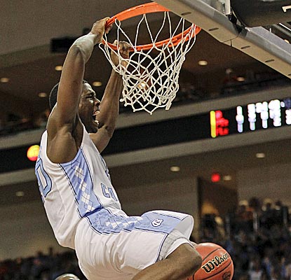 Sophomore Harrison Barnes leads the No. 1 Tar Heels with 21 points against South Carolina. (AP)