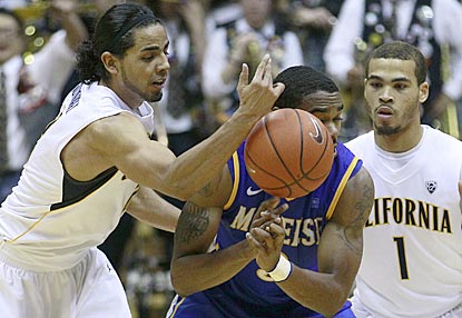 California guard Jorge Gutierrez (left) knocks the ball away from McNeese State's Patrick Richard in the second half.  (AP)