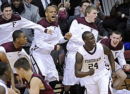 Fordham celebrates beating a ranked team for the first time since 2000 with its wins over No. 22 Harvard. (AP)