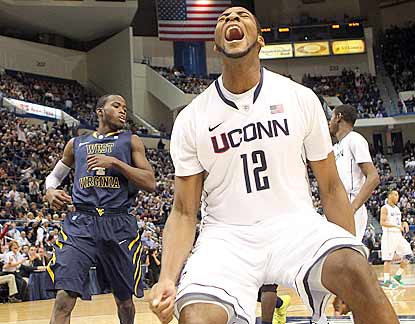 Huskies freshman center Andre Drummond has a breakout performance with 20 points and 11 rebounds.  (Getty Images)