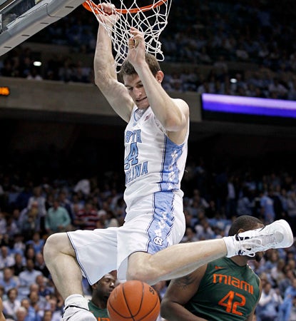 Tyler Zeller scores 16 points and adds 10 boards in helping North Carolina ease past Miami.  (AP)