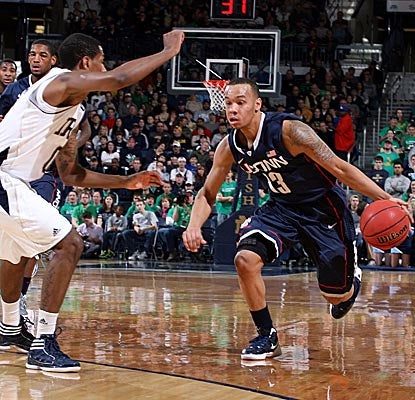 Sophomore G Shabazz Napier drives against the Irish, finishing with team-high 16 points in UConn's road win. (US Presswire)