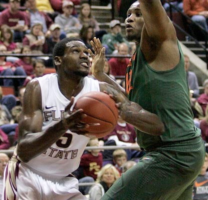 Florida State big man Bernard James goes 7 for 8 in the second half to tie his career high of 18 points.  (AP)