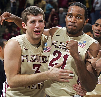 Michael Snaer (right) celebrates with Luke Loucks after hitting the winning 3-pointer. (US Presswire)