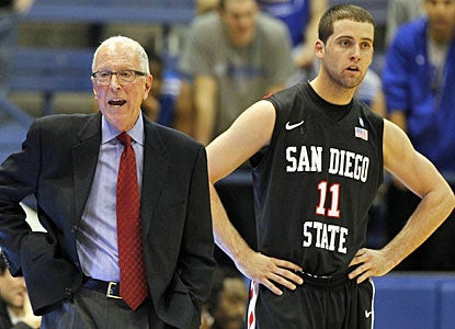 Aztecs coach Steve Fisher and guard James Rahon are dejected after losing their third straight game. (AP)