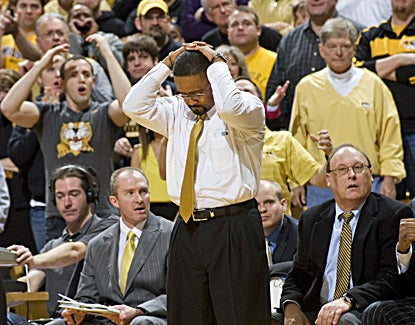 Frank Haith reacts after one of his Missouri players is called for a foul during a frustrating loss to rival Kansas State. (AP)