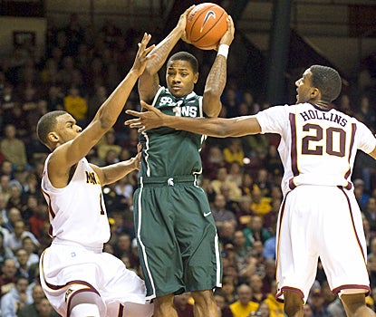 Keith Appling has his struggles with Minnesota, but still scores 13 points to help Michigan State win.  (US Presswire)