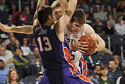 Jack Cooley scores the first nine points of the game, ending up with 19 as the Irish hold on.  (AP)