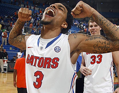 FloridaGators guard Mike Rosario, 14 points, celebrates the Gators easy win over Alabama State. (US Presswire)
